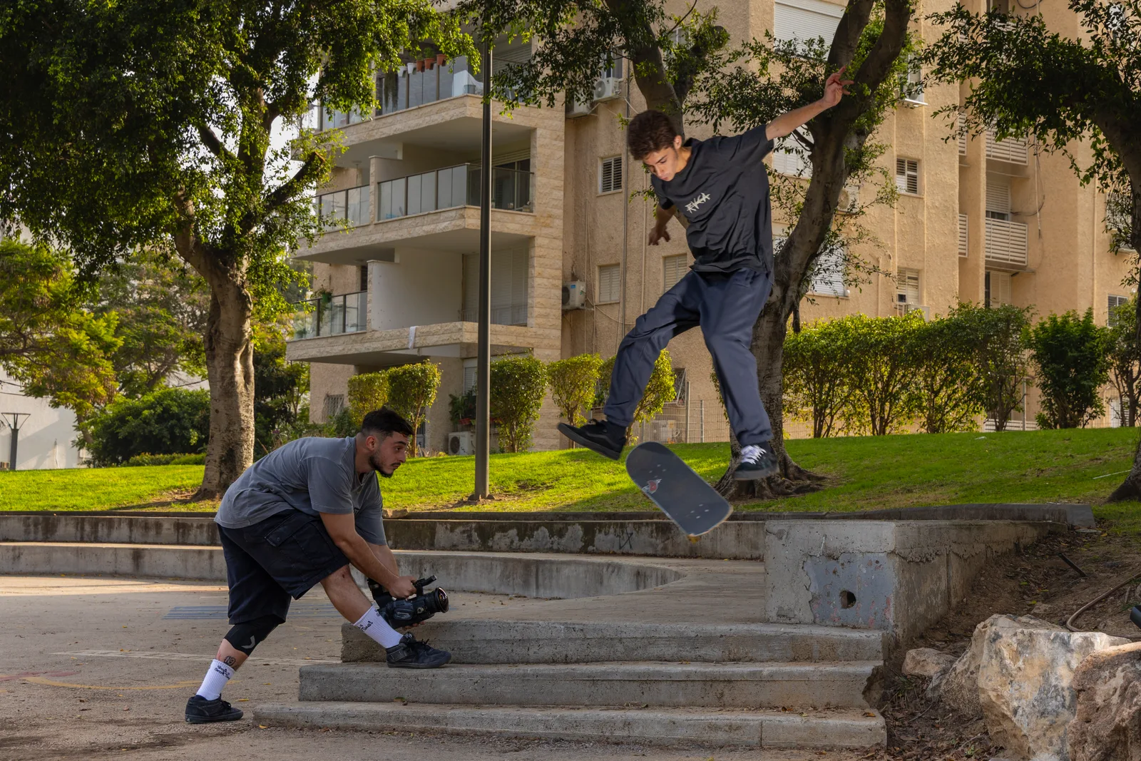 Following a skater down a set of stairs